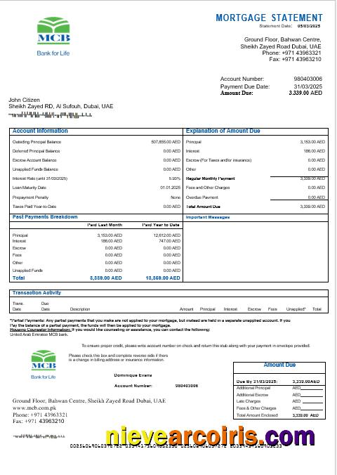 United Arab Emirates MCB bank mortgage statement